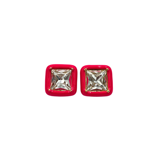 Red Enamel Square Jewel Earrings