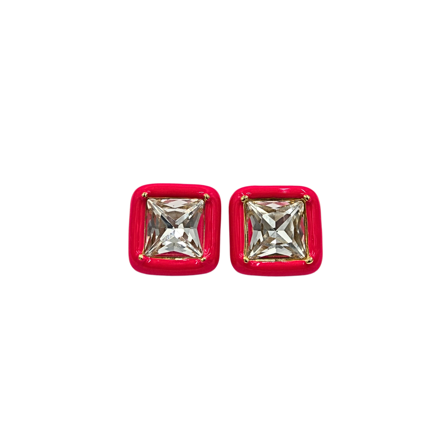 Red Enamel Square Jewel Earrings