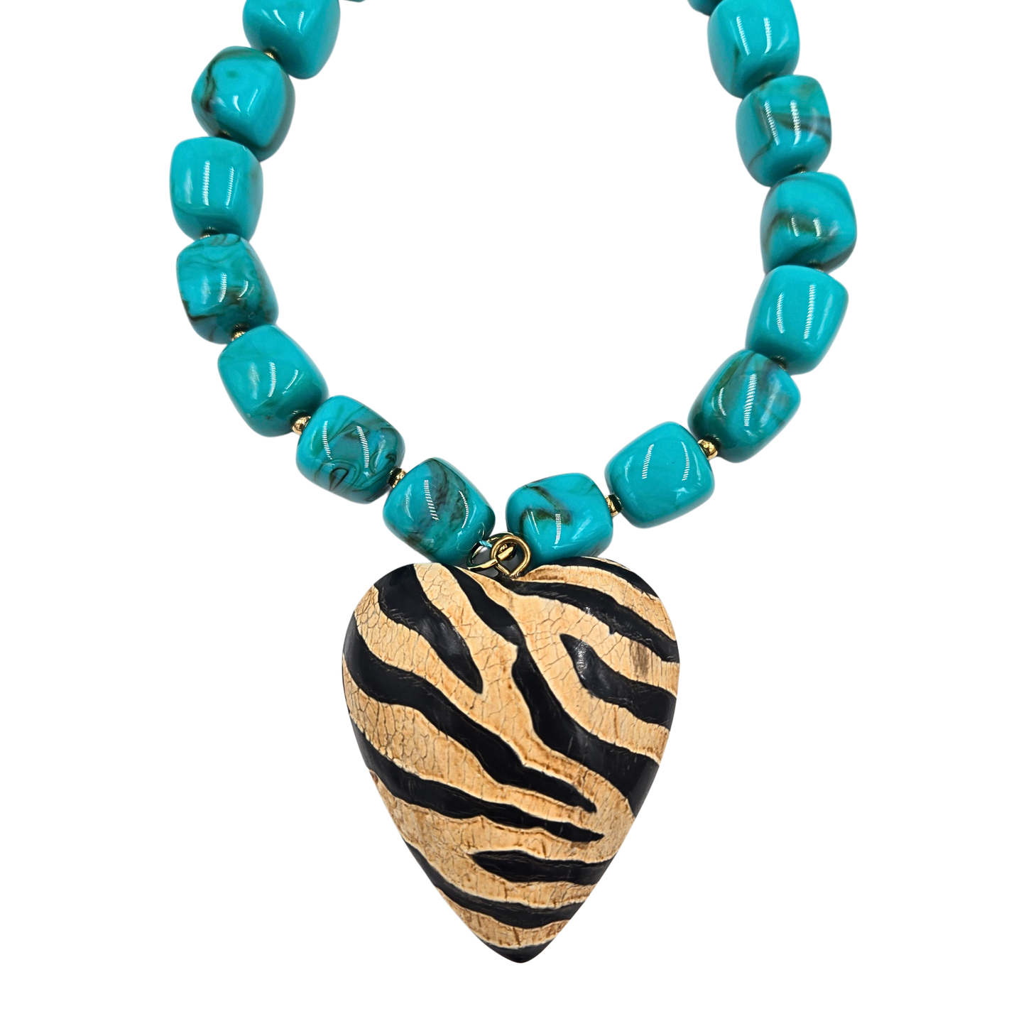 Jennifer Thames - Square Turquoise Marble Beaded Necklace with Zebra Heart Pendant
