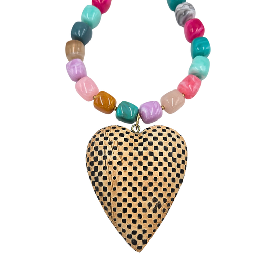 Jennifer Thames - Multi Square Beaded Necklace with Large Checkered Pendant