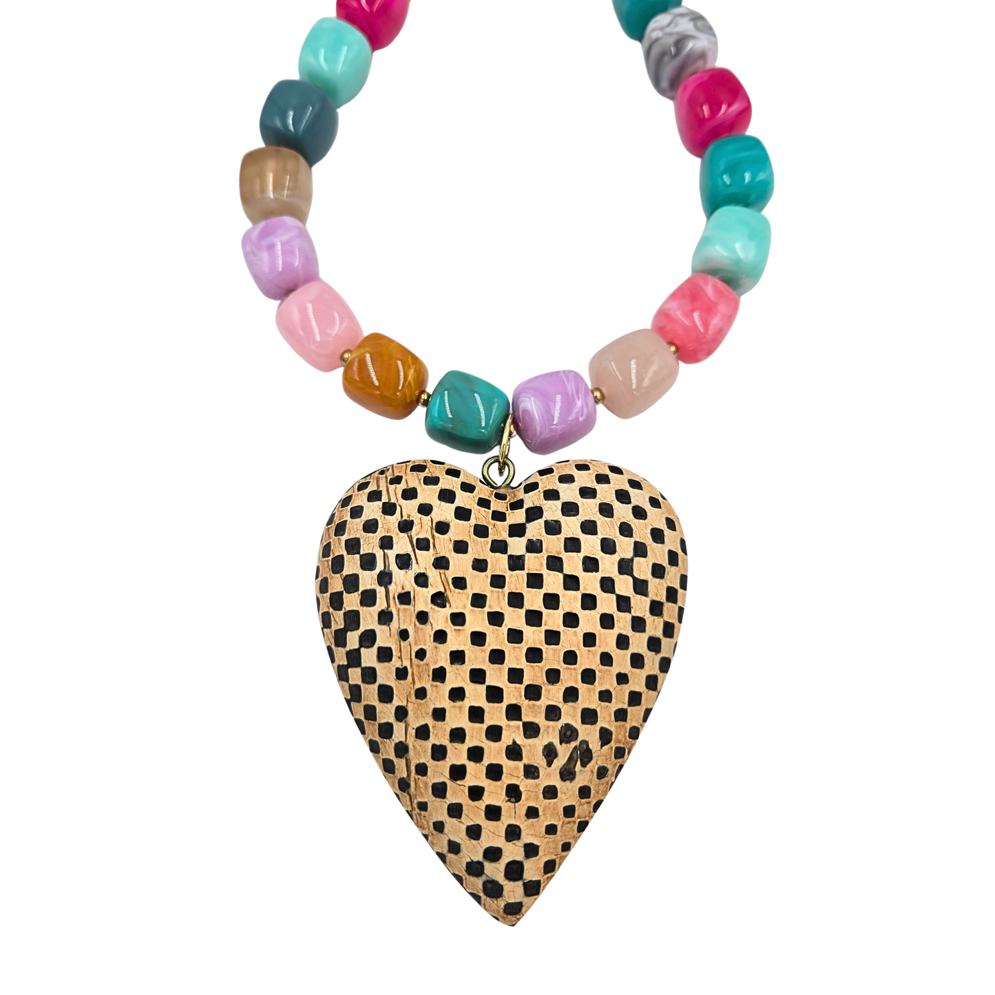 Jennifer Thames - Multi Square Beaded Necklace with Large Checkered Pendant