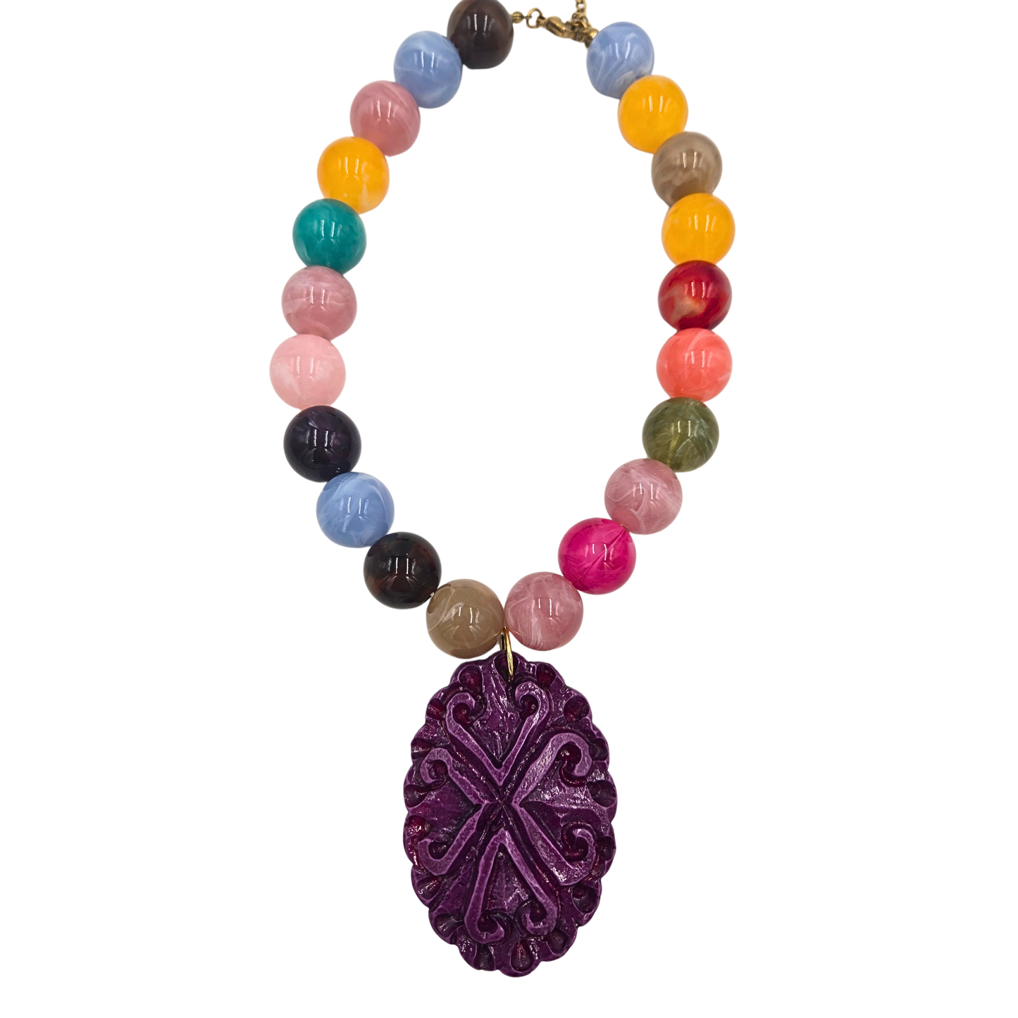 Jennifer Thames - Multicolor Beaded Necklace with Purple Pendant