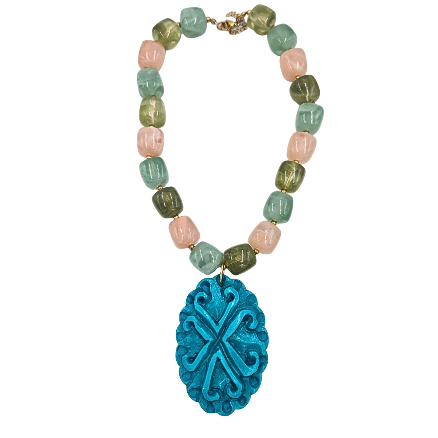 Jennifer Thames - Sea Foam & Pink Beaded Necklace with Blue Pendant