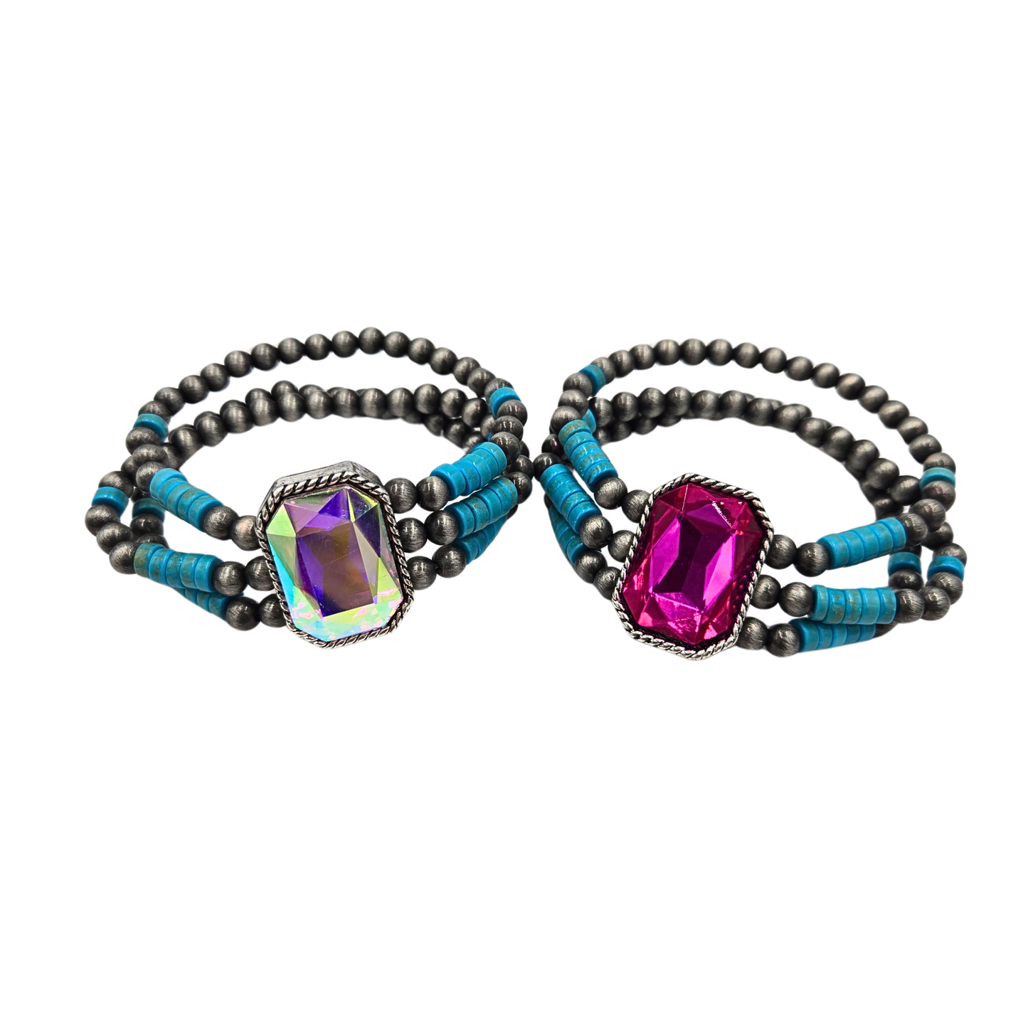 Turquoise & Jewel Pendant Stretch Bracelet (2 colors)
