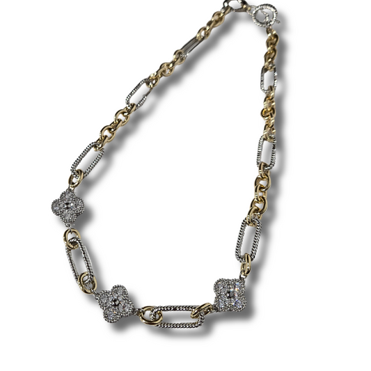 Two Tone Chain Link Clover Necklace
