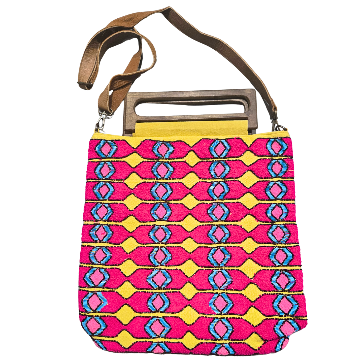Wooden Handle Fuchsia Handbag