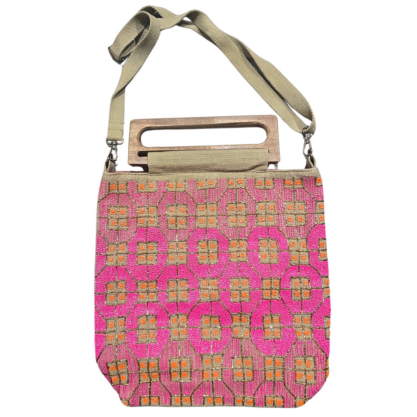 Wooden Handle Pink Beaded Handbag