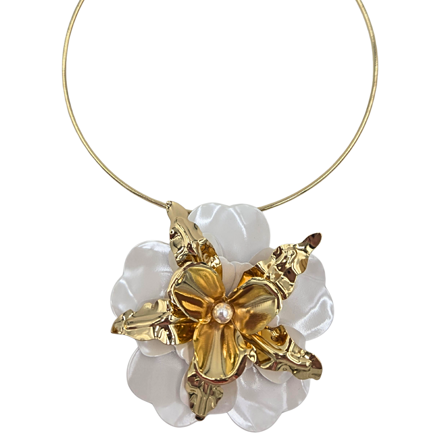 White & Gold Flower Collar Necklace