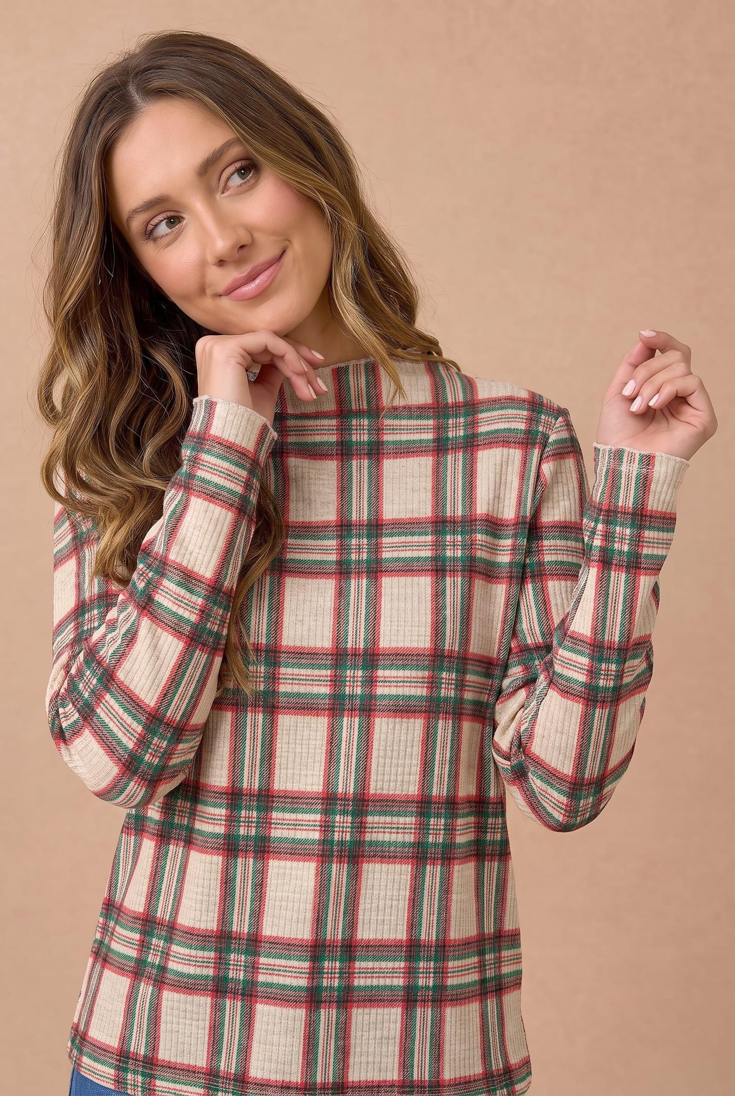 Ivory Plaid Mock Neck LS Top (Reg.)