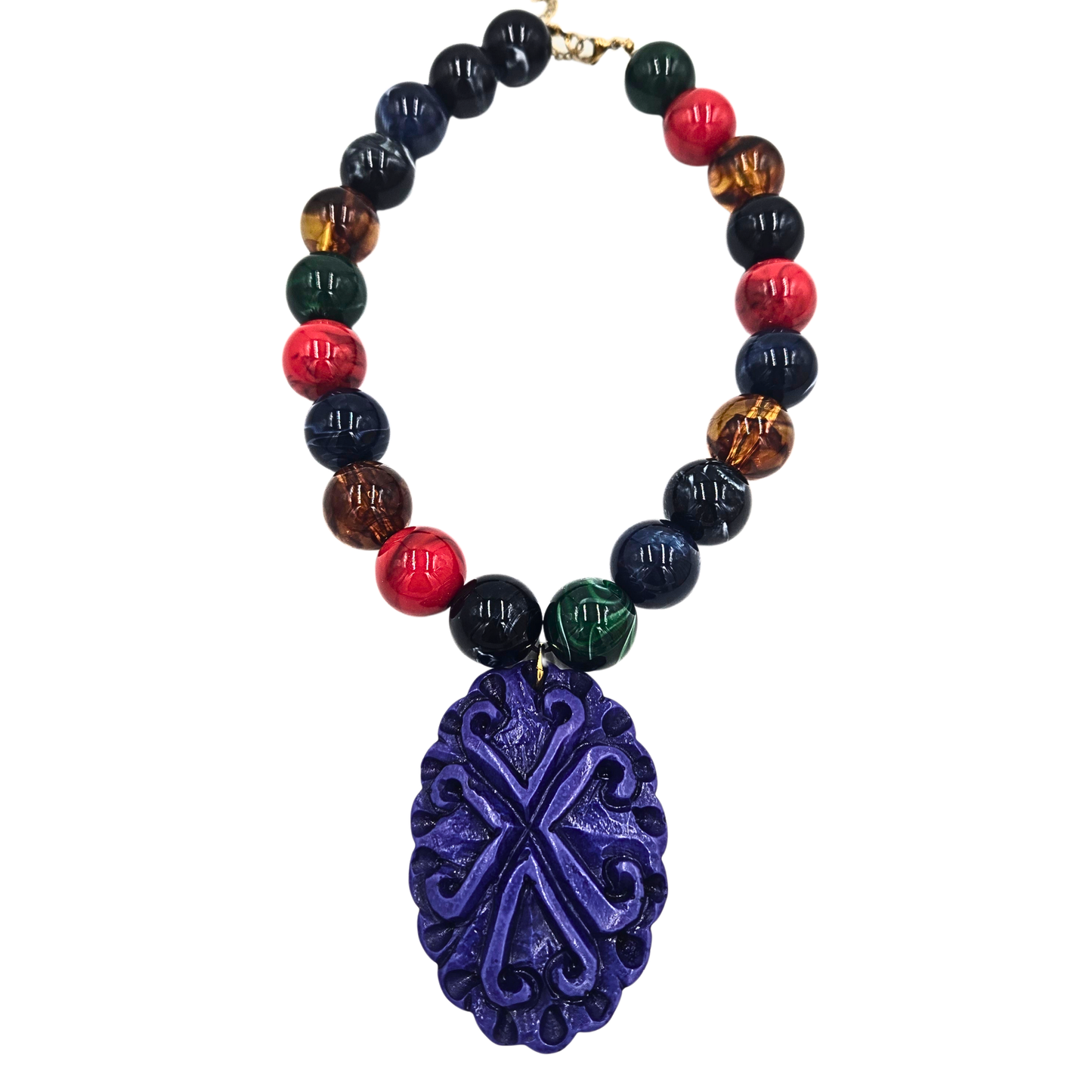 Jennifer Thames - Fall Multicolor Beaded Necklace with Blue Pendant