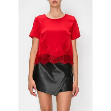 Red Lace Trim Satin Short Sleeve Blouse (Reg.)