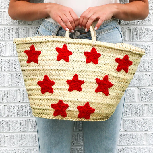 Red Star Embroidered Straw Bag