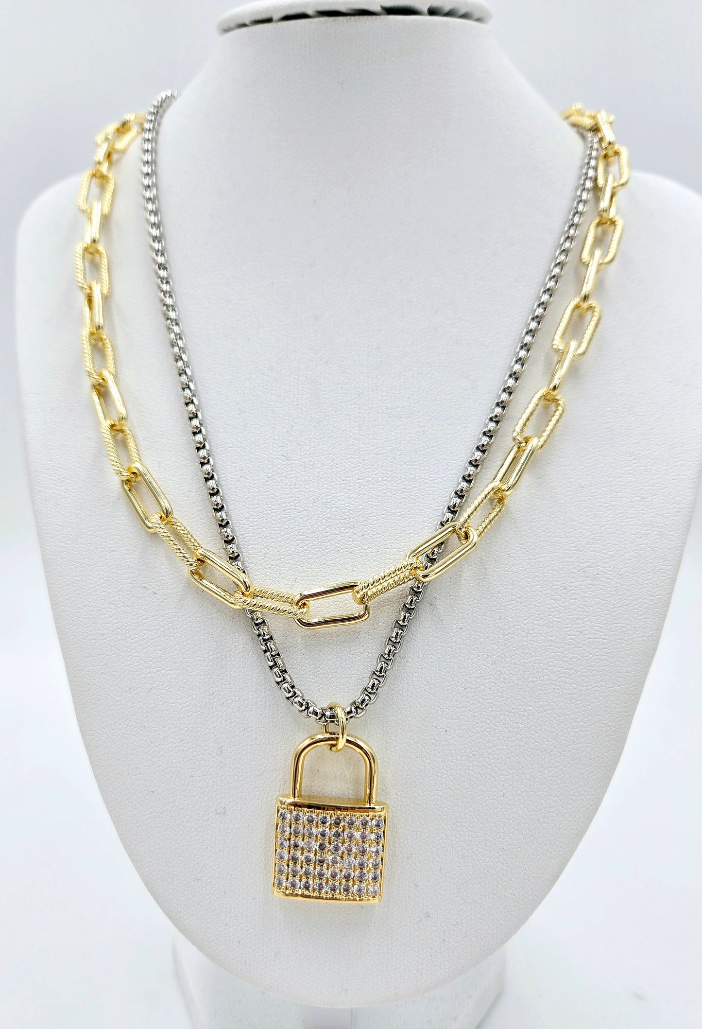 Two Tone Pave Padlock Necklace