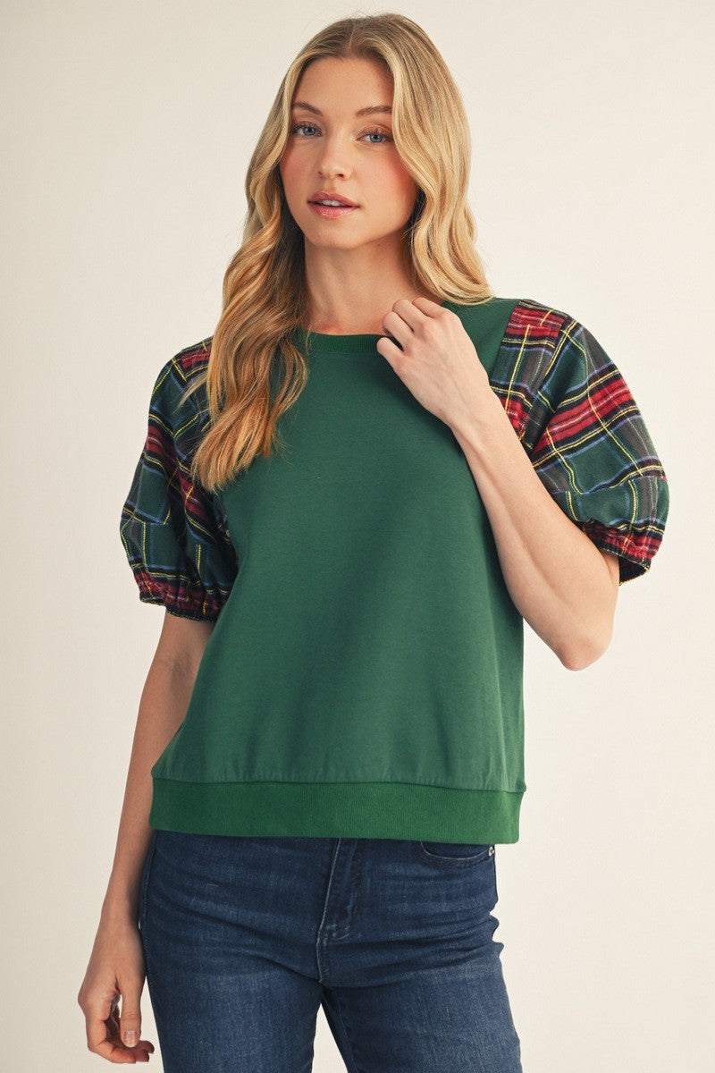 Plaid Puff Sleeve Pullover Top (Reg.) - 2 Colors