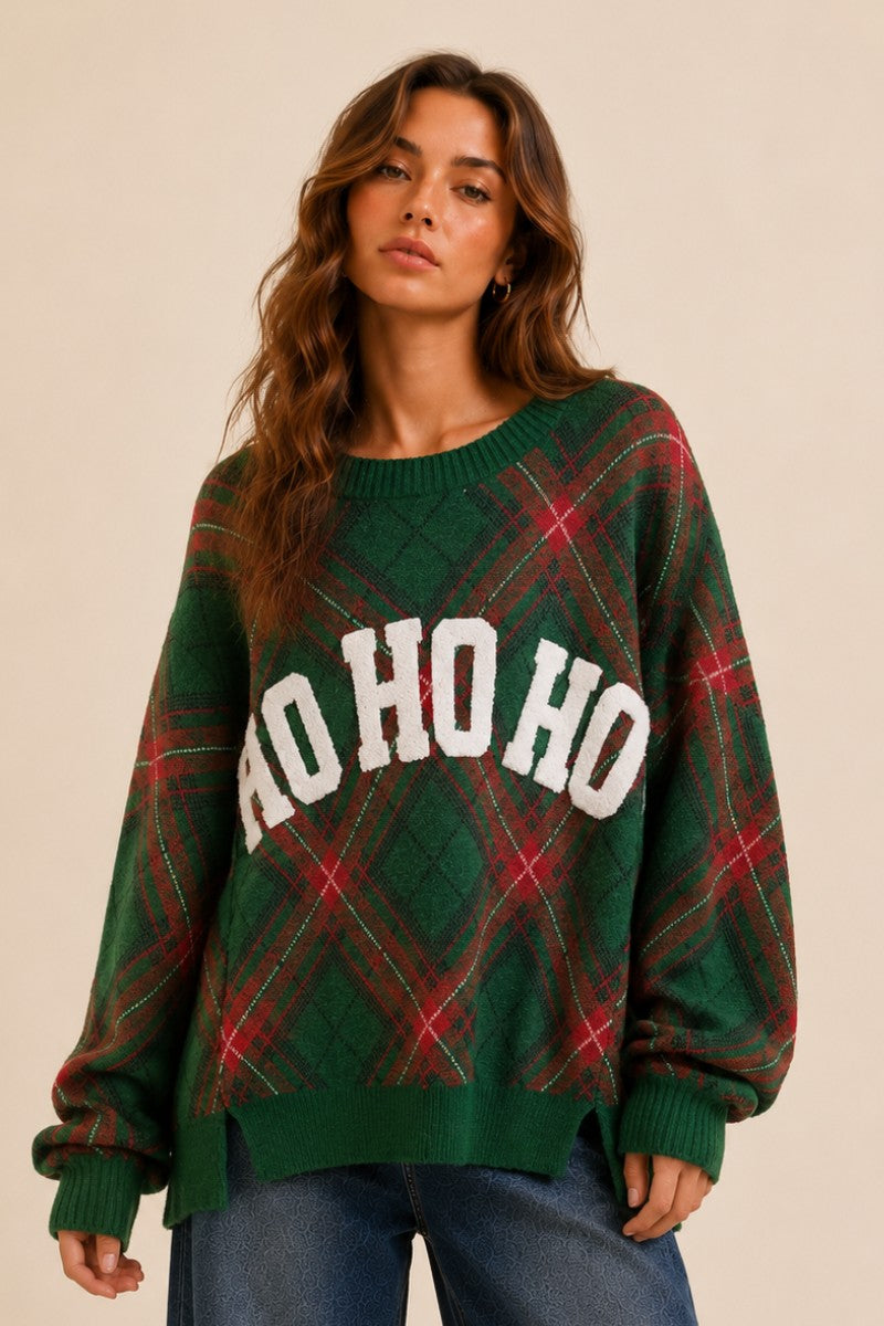 Green Plaid Ho Ho Ho Sweater Top (Reg & Plus)