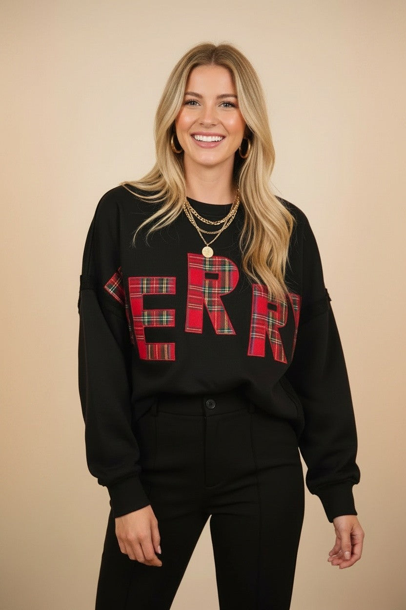Black Plaid Merry Patch Sweatshirt (Reg & Plus)