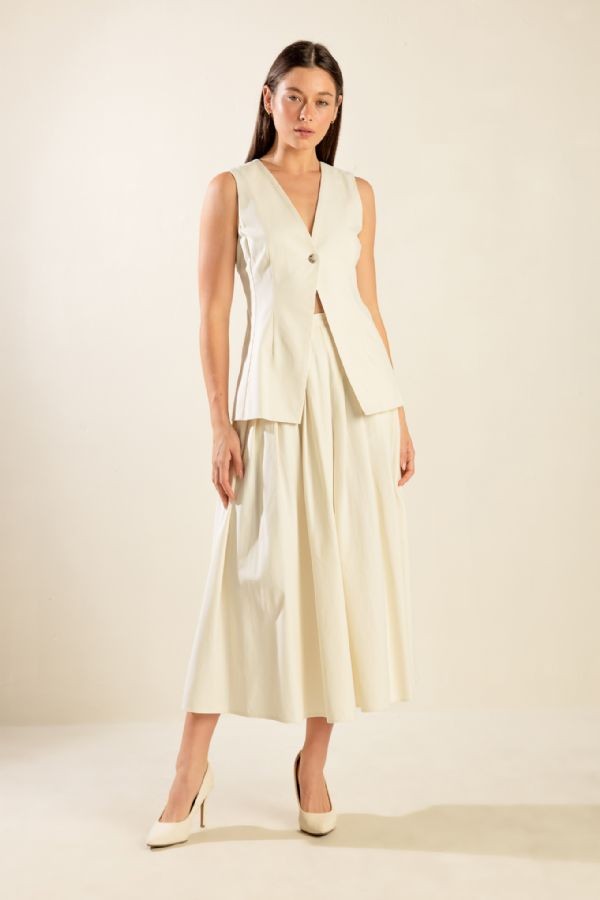 Cream Semi Pleated Midi Skirt (Reg.)