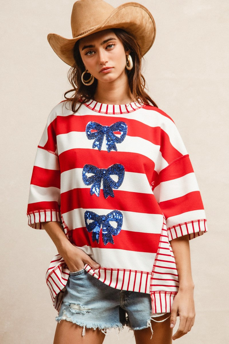 Red Stripe Triple Sequin Bows Sweatshirt (Reg.)