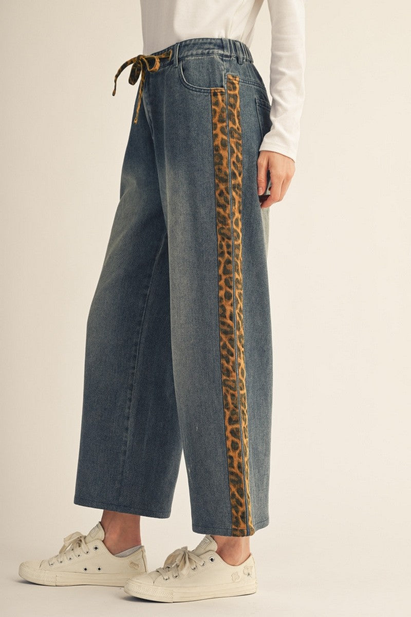 Washed Denim Leopard Side Stripe Pants (Reg.)