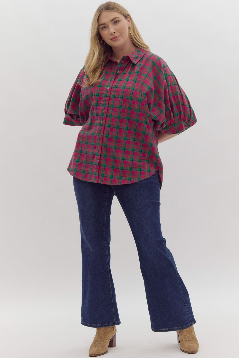 Magenta Plaid Half Sleeve Top (Plus)