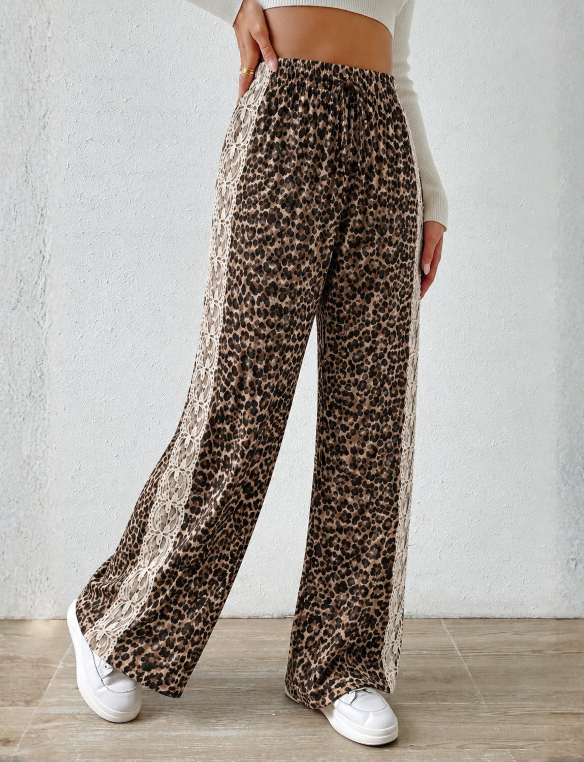 Leopard Print Lace Side Trim Pants (Reg & Plus)