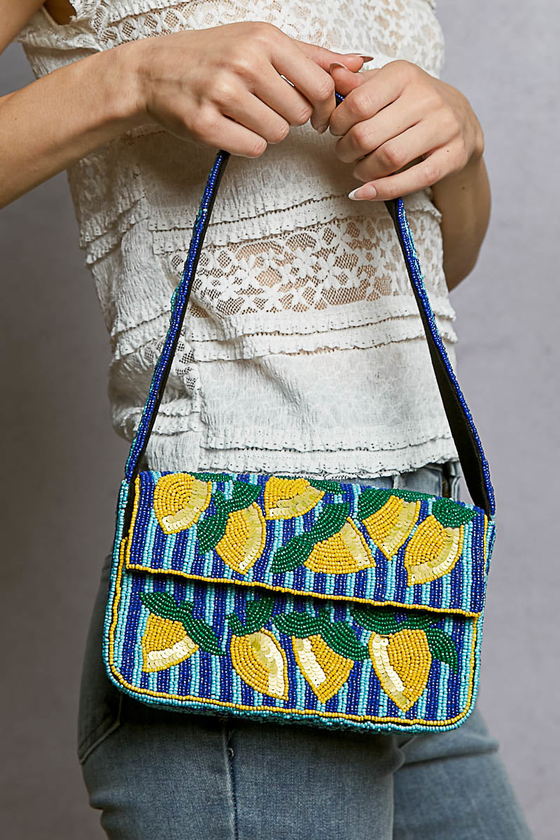POL Blue Multi Lemon Beaded Shoulder Bag
