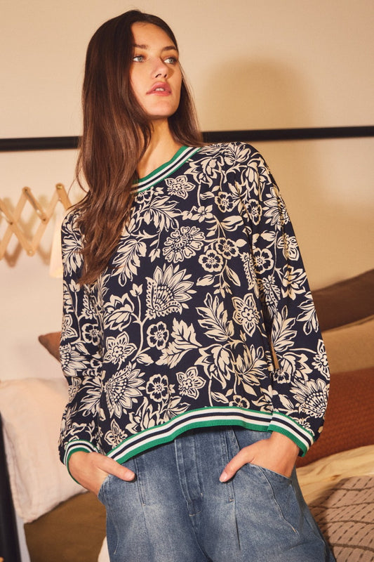 Navy Wave Floral Contrast Stripe Sweatshirt (Reg & Plus)
