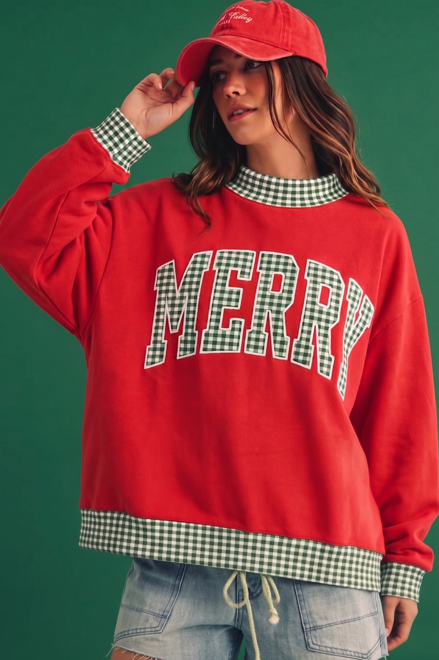 Christmas Red Merry Gingham Trim Sweatshirt (Reg.)