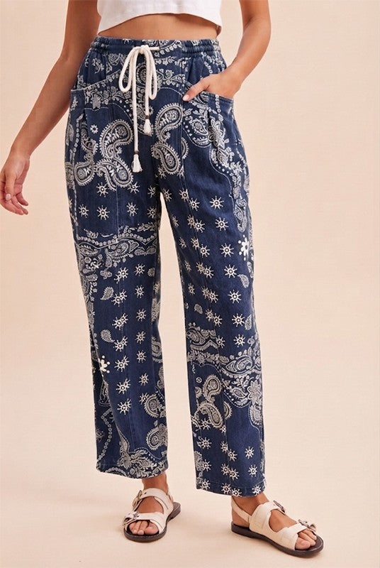 Navy Bandana Print Drawstring Barrel Pants (Reg.)