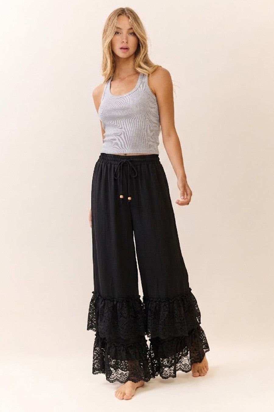 Black Double Ruffled Lace Hem Pants (Reg & Plus)