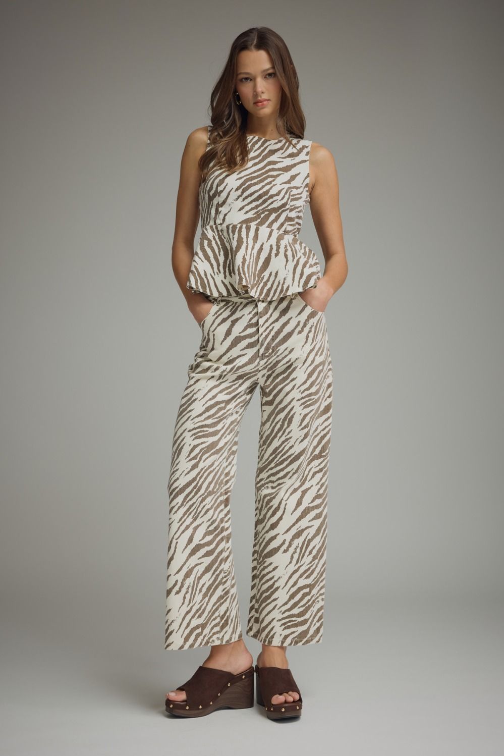 Ecru Zebra Print Wide Leg Pants (Reg.)