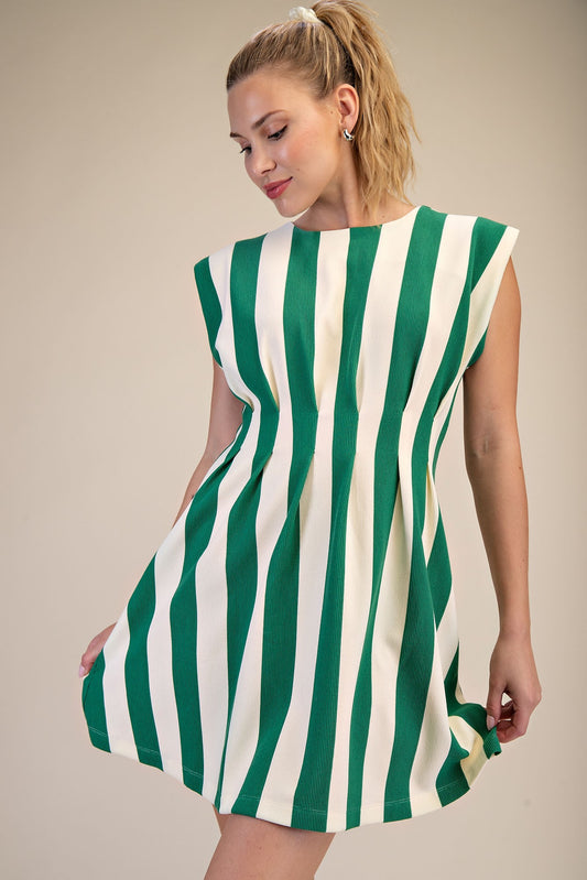 Green Striped Waist Pleat Mini Dress (Reg.)