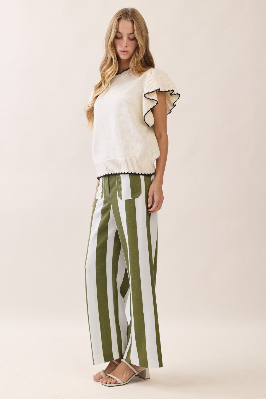 Moss/Ivory Stripe Wide Leg Pants (Reg & Plus)
