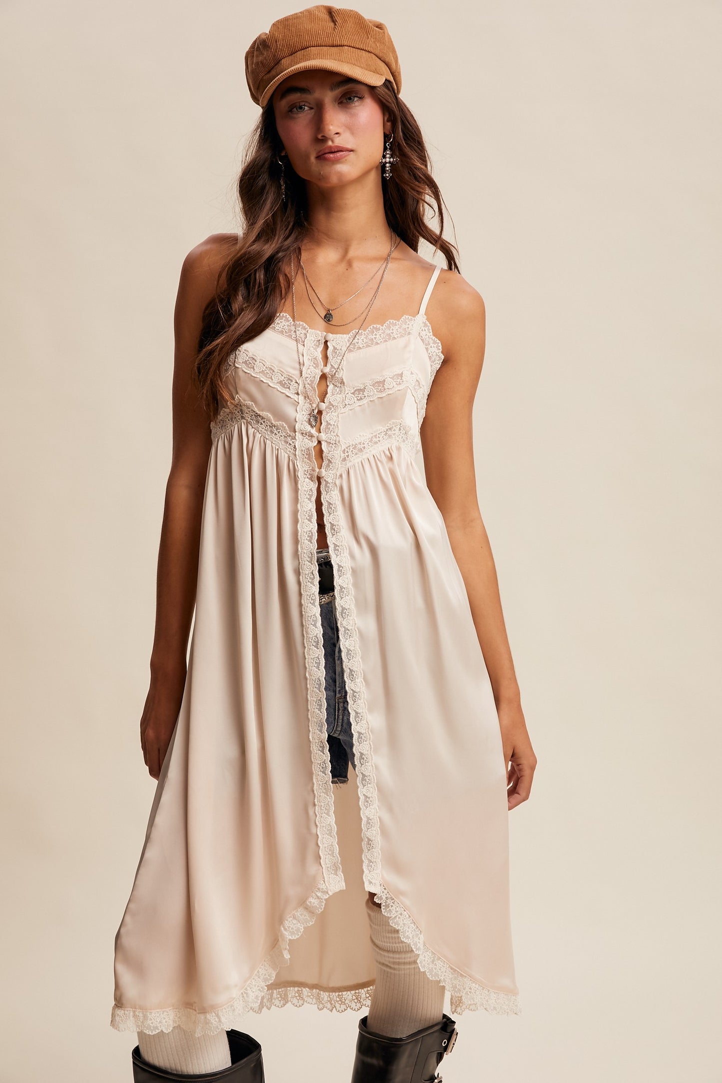 Champagne Lace Trim Longline Cami Top (Reg.)