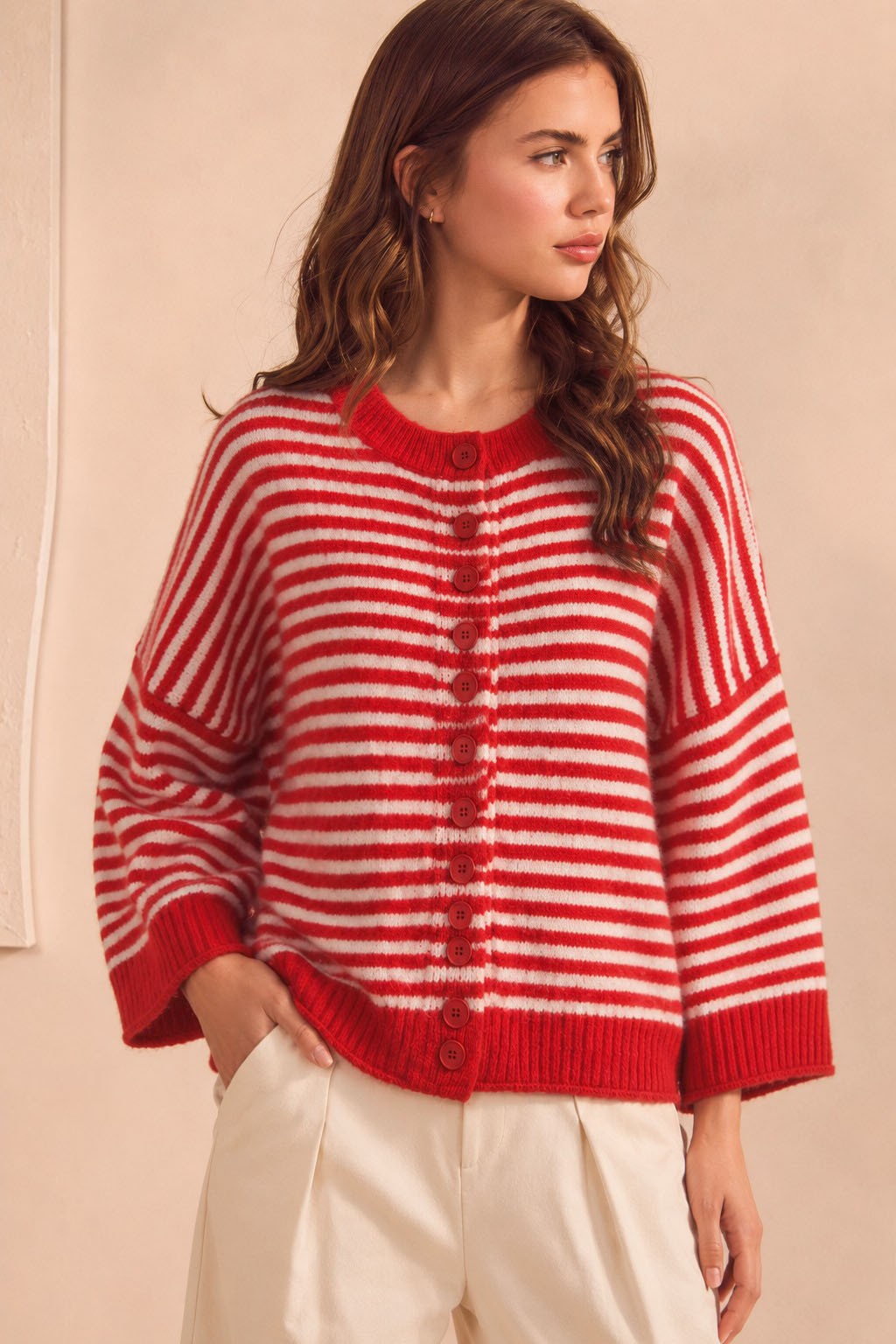 Red/Ivory Striped Button Down Sweater Top (Reg.)
