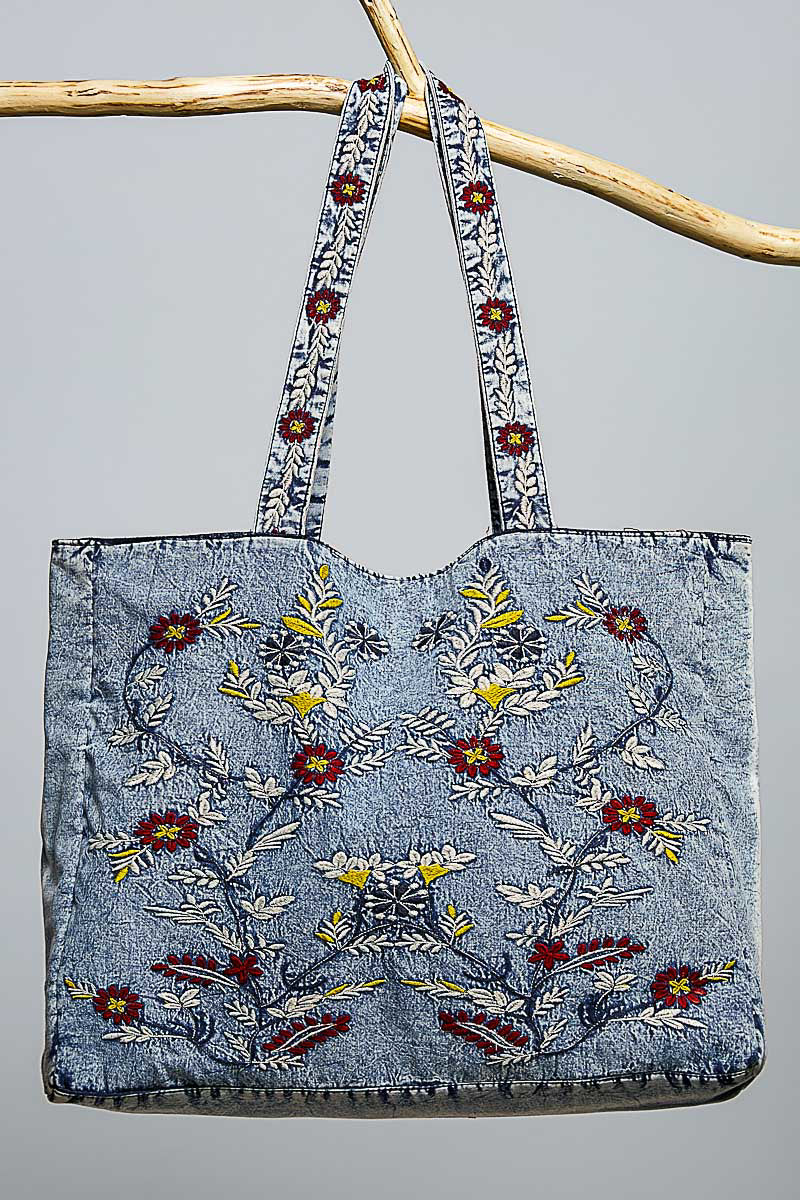 POL Denim Embroidered Floral Tote Bag