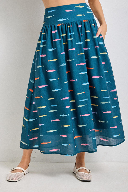Fish Print Midi Skirt (Reg & Plus) - 2 Colors