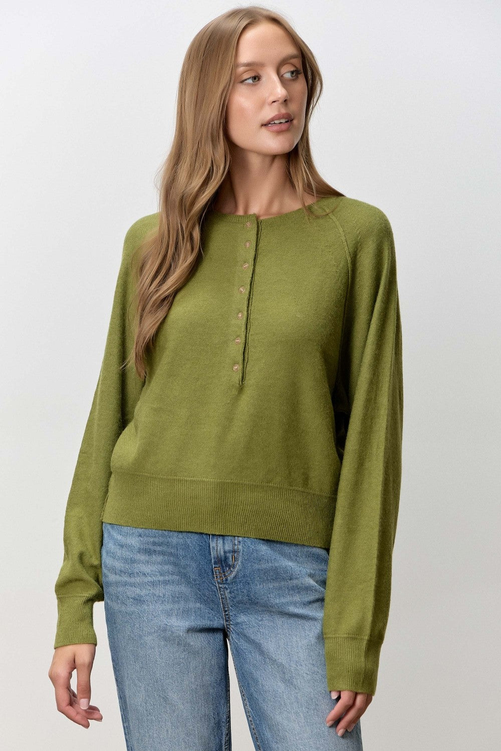 Light Green Half Button Sweater Top (Reg & Plus)