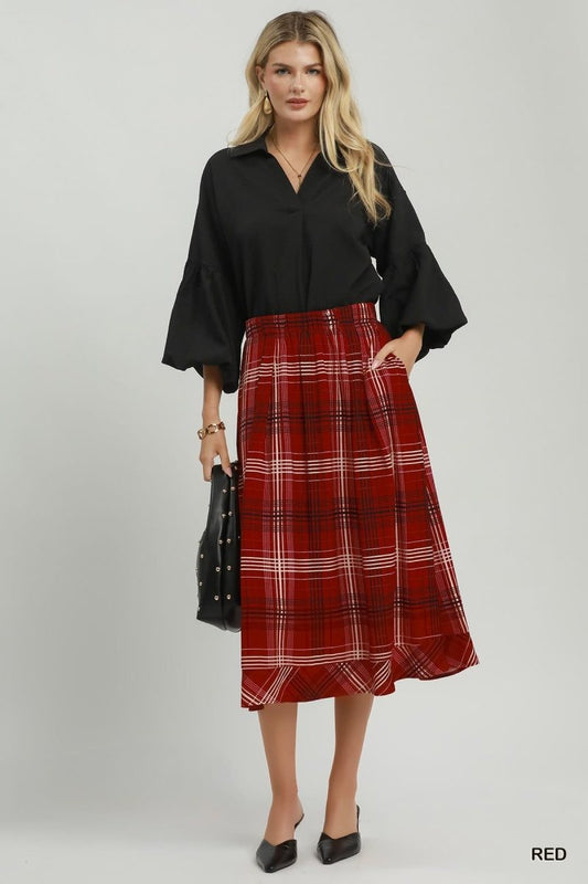 Plaid Pull On Gathered Midi Skirt (Reg.)