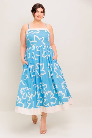 Blue/Ivory Floral Print Strappy Midi Dress (Plus)
