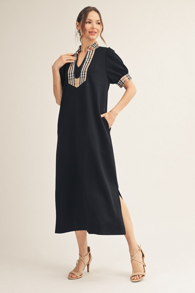 Black Contrast Check Plaid Midi Dress (Reg.)