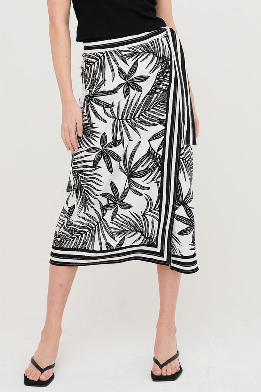 Black Leaf Print Wrap Tie Midi Skirt (Reg.)