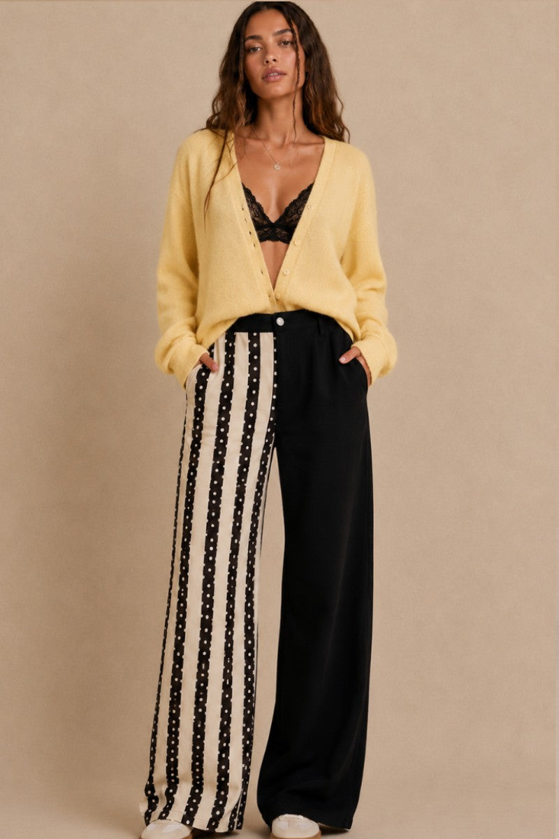 Black Dot Stripe/Solid Mix Wide Leg Pants (Reg & Plus)