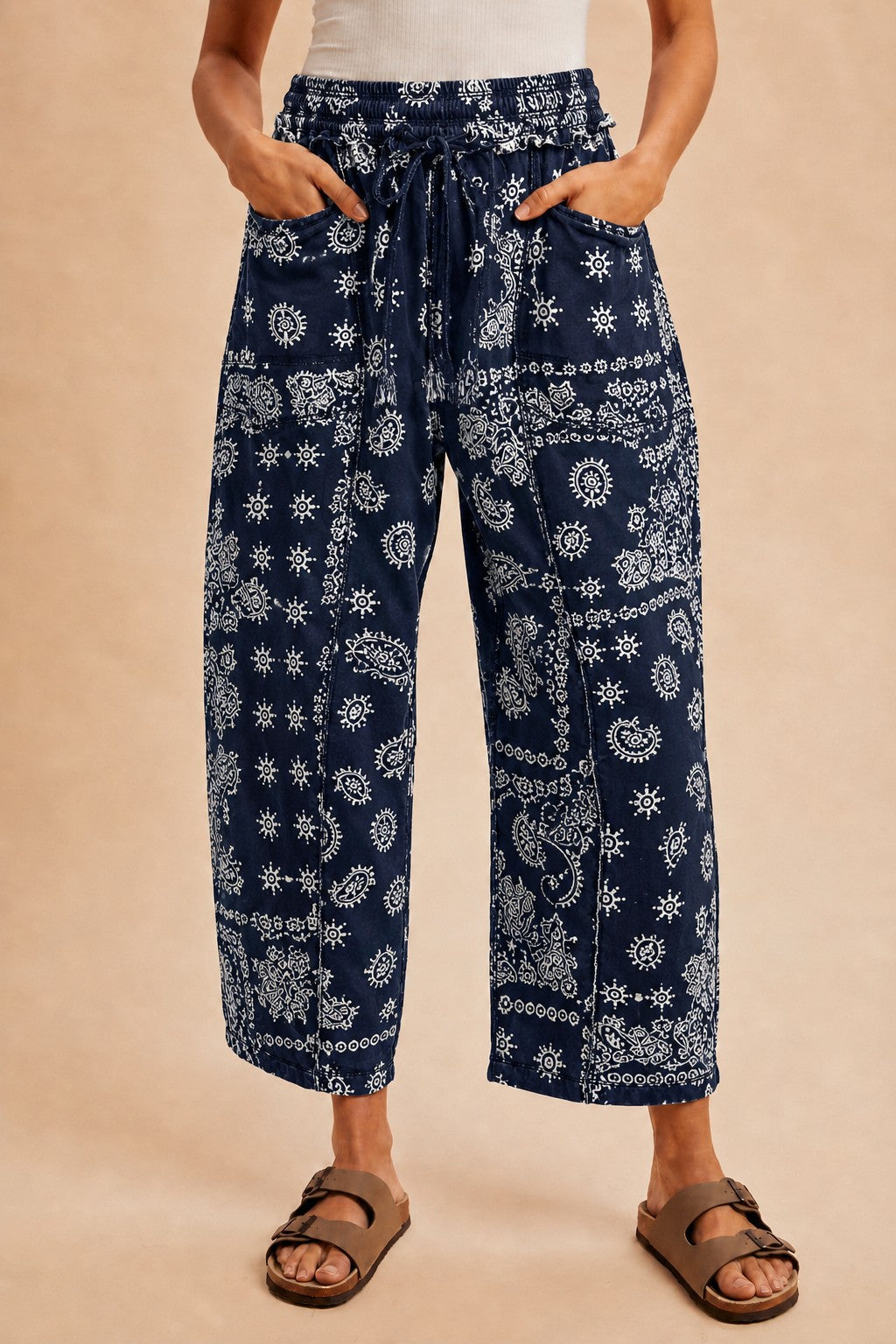 Navy Bandana Print Utility Barrel Pants (Reg.)