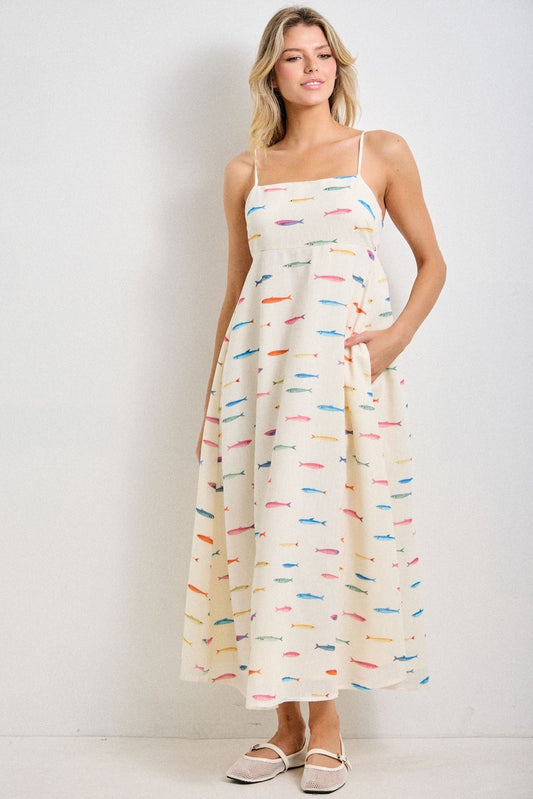 Cream Multi Fish Print Strappy Midi Dress (Reg & Plus)