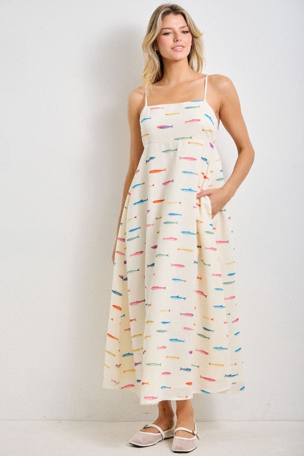 Cream Multi Fish Print Strappy Midi Dress (Reg & Plus)