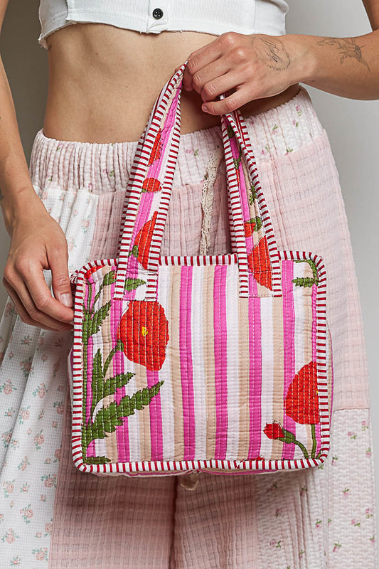 POL Pink Quilted Stripe & Print Mini Tote Bag