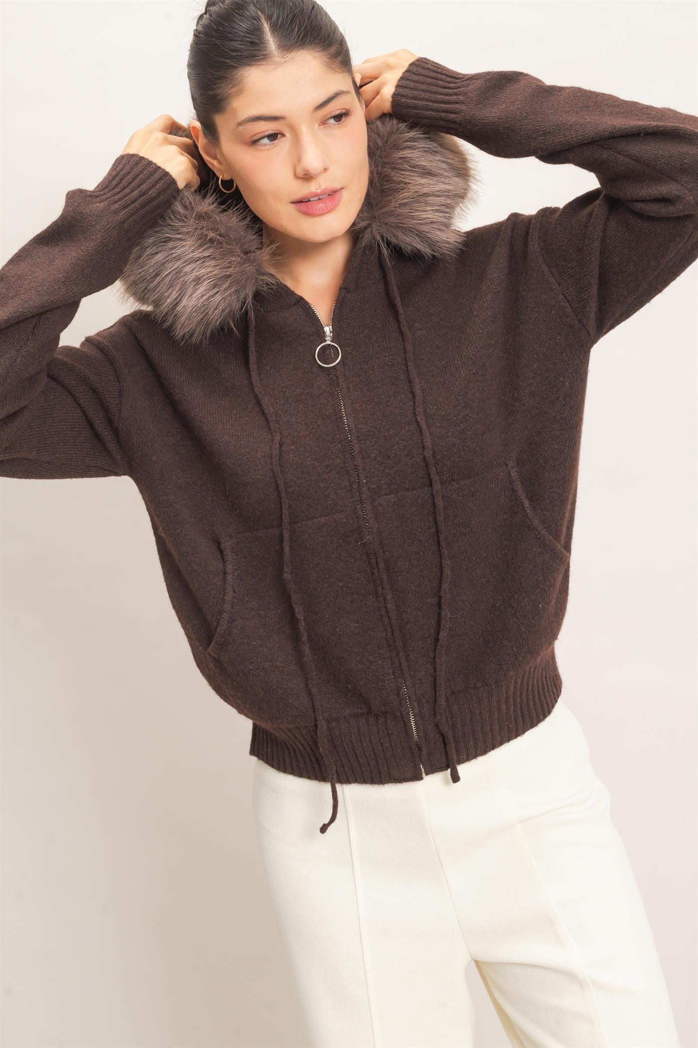 Brown Fur Trim Zip Up Hoodie Sweater Cardigan (Reg.)