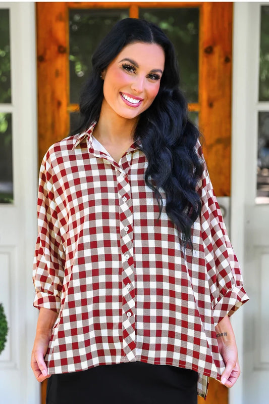 Burgundy Gingham Sloane Button Up Blouse (Reg & Plus)