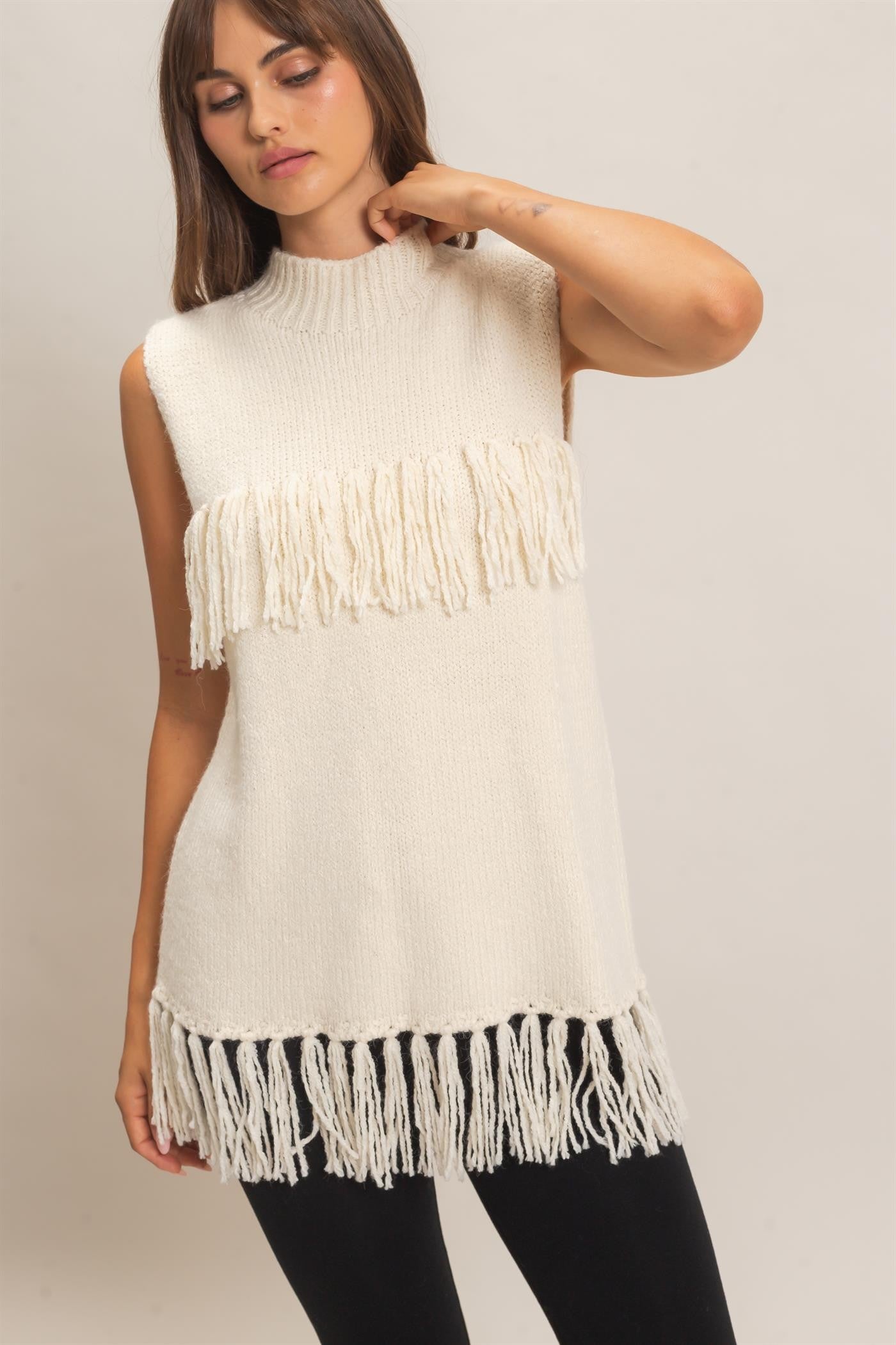 Warm White Double Fringe Pullover Sweater (Reg.)